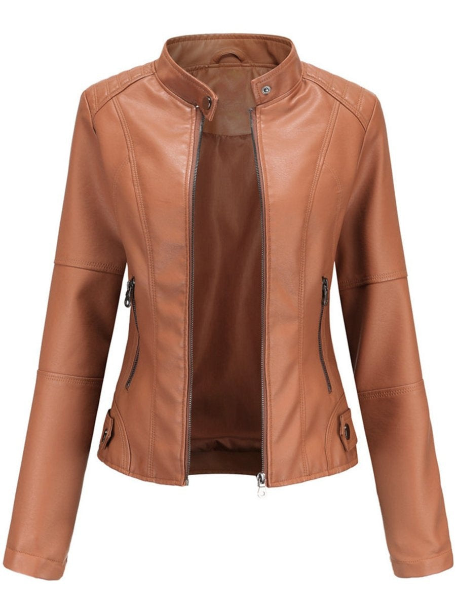 Chaqueta Motera de Polipiel para Mujer – Cuello Mao y Bolsillos