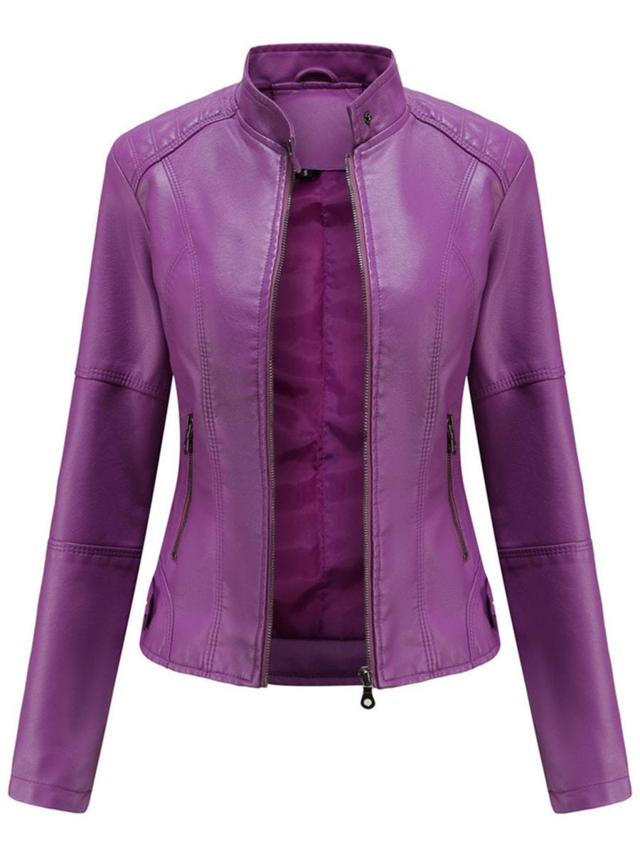 Chaqueta Motera de Polipiel para Mujer – Cuello Mao y Bolsillos