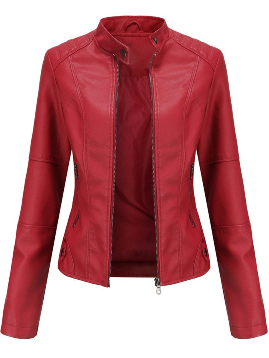 Chaqueta Motera de Polipiel para Mujer – Cuello Mao y Bolsillos