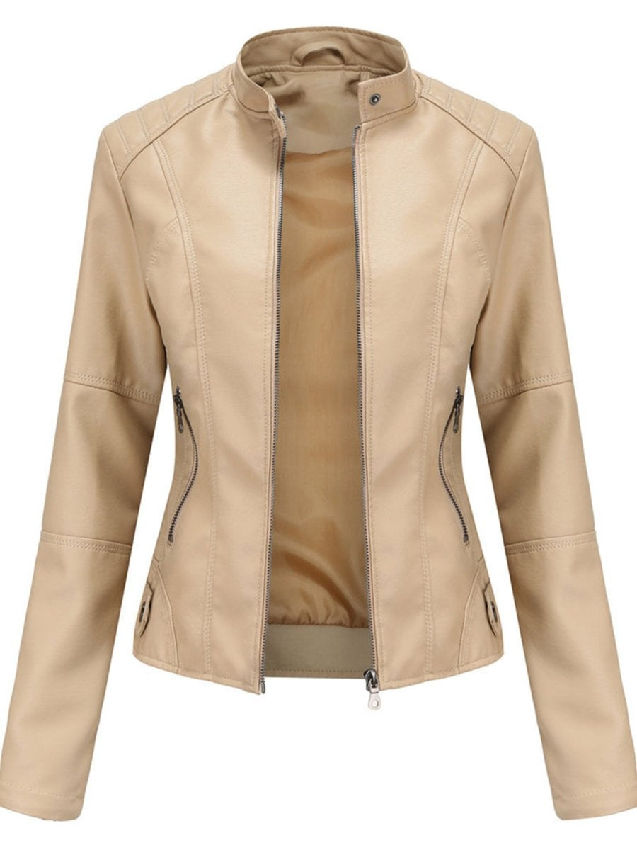 Chaqueta Motera de Polipiel para Mujer – Cuello Mao y Bolsillos