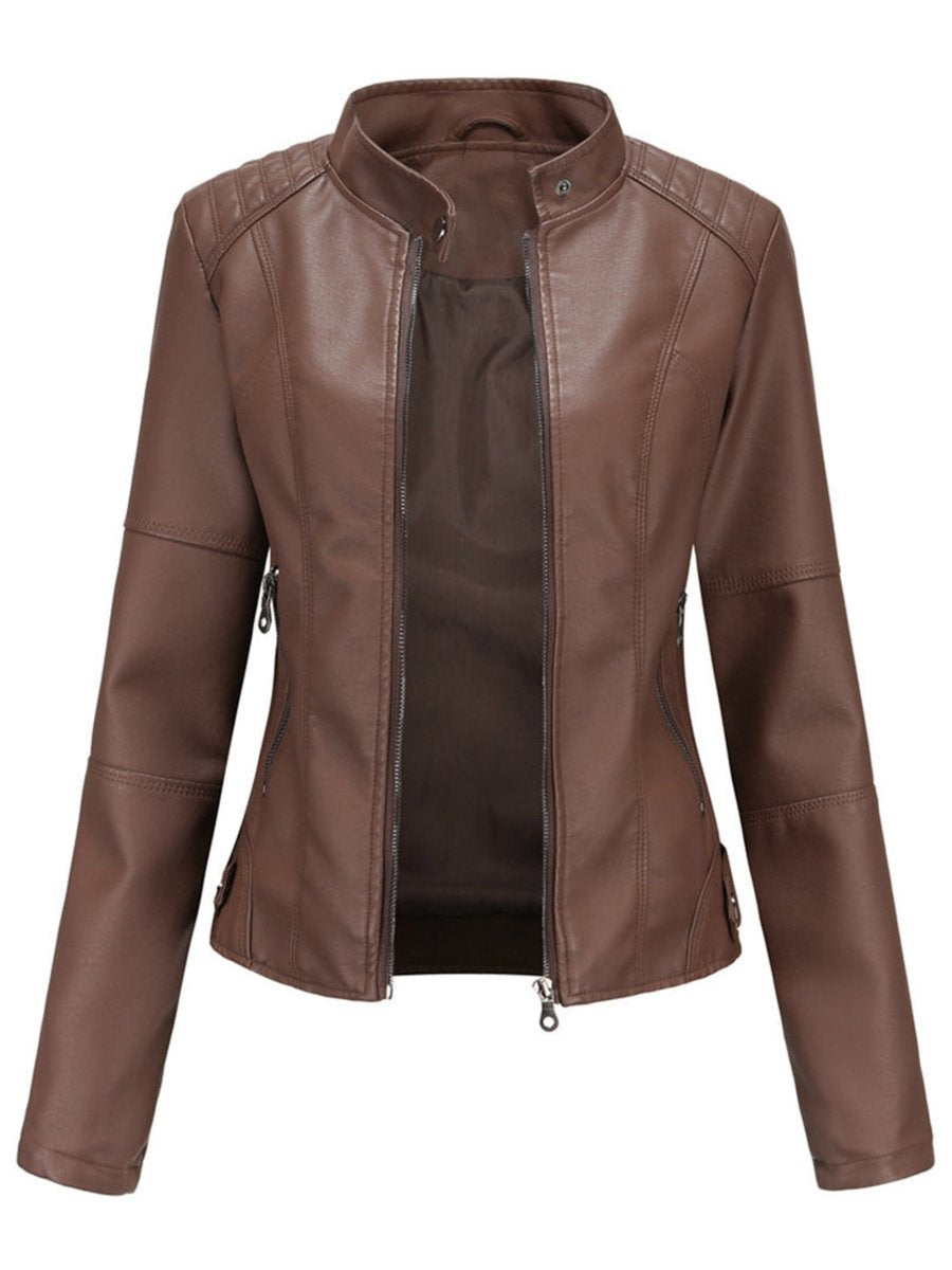 Chaqueta Motera de Polipiel para Mujer – Cuello Mao y Bolsillos