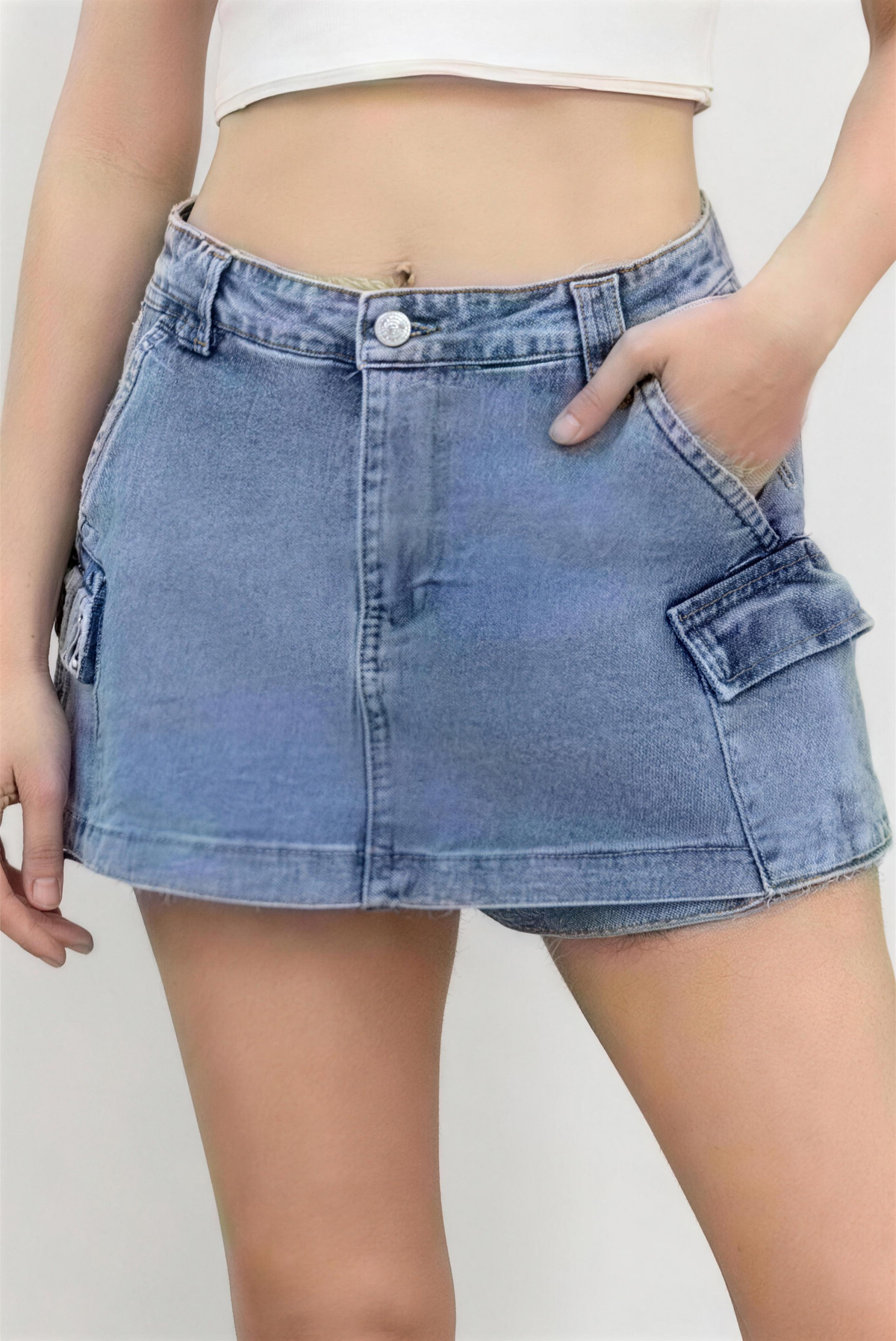 Falda Pantalón Vaquera de Talle Alto para Mujer – Bolsillos Cargo