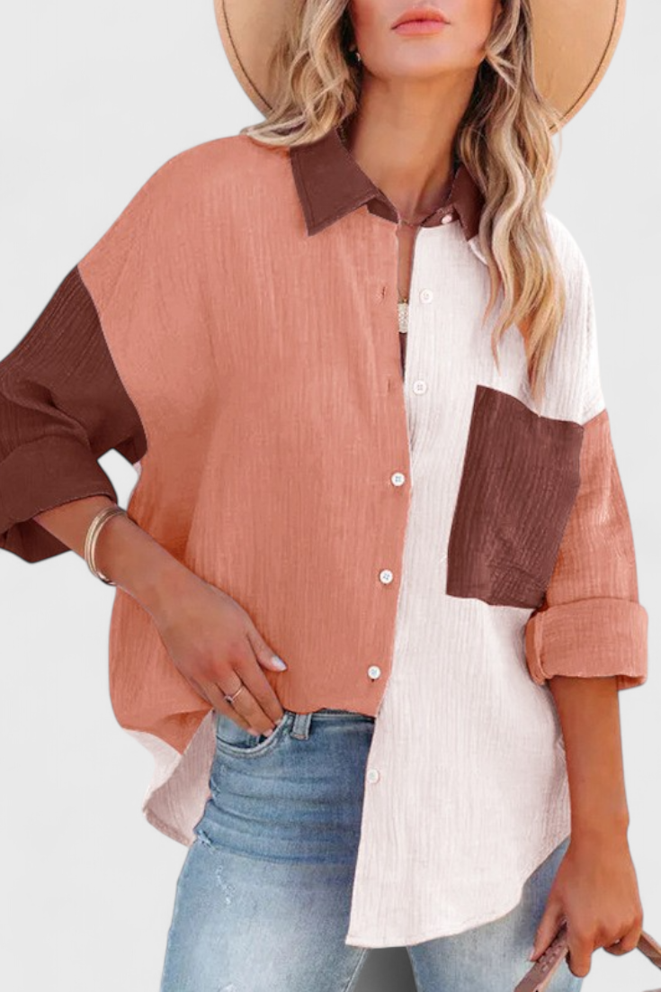 Blusa de Botones con Bloques de Color para Mujer