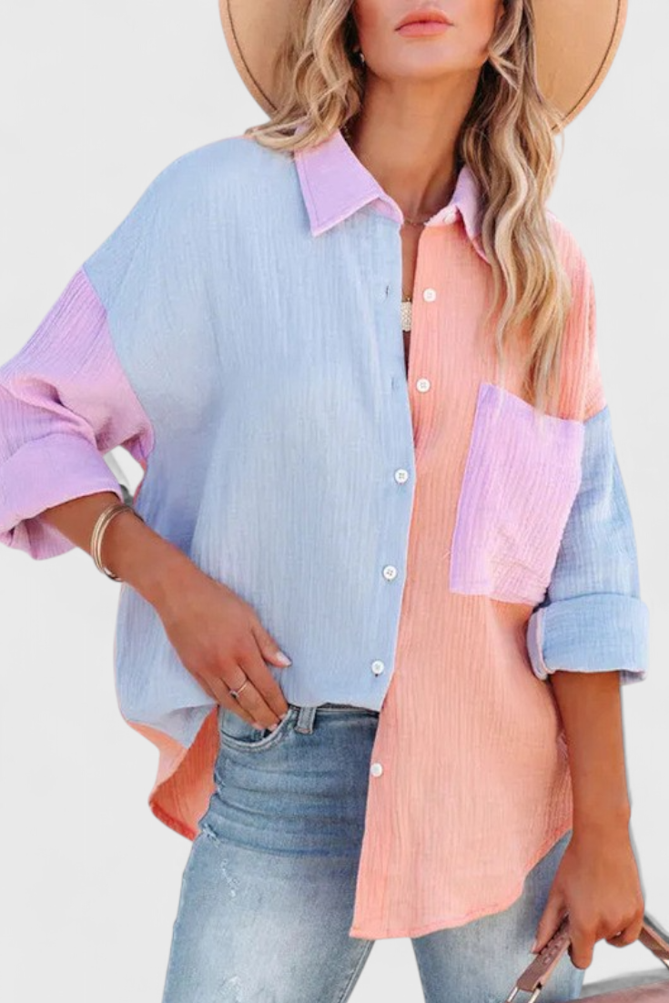 Blusa de Botones con Bloques de Color para Mujer