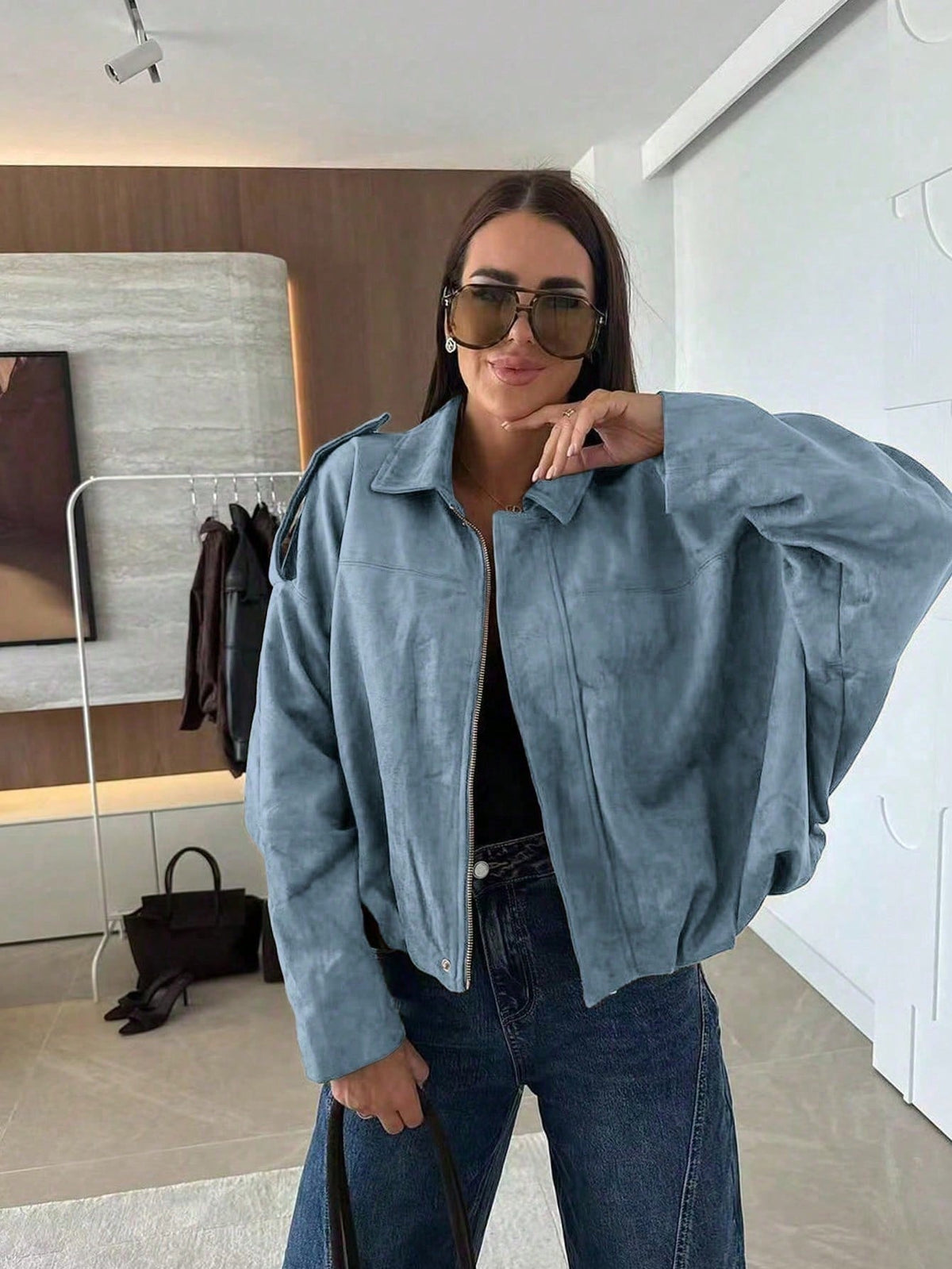 Chaqueta de Ante Oversize para Mujer – Cremallera
