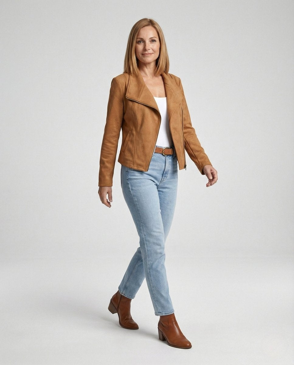 Chaqueta Motera de Ante para Mujer – Cierre Asimétrico