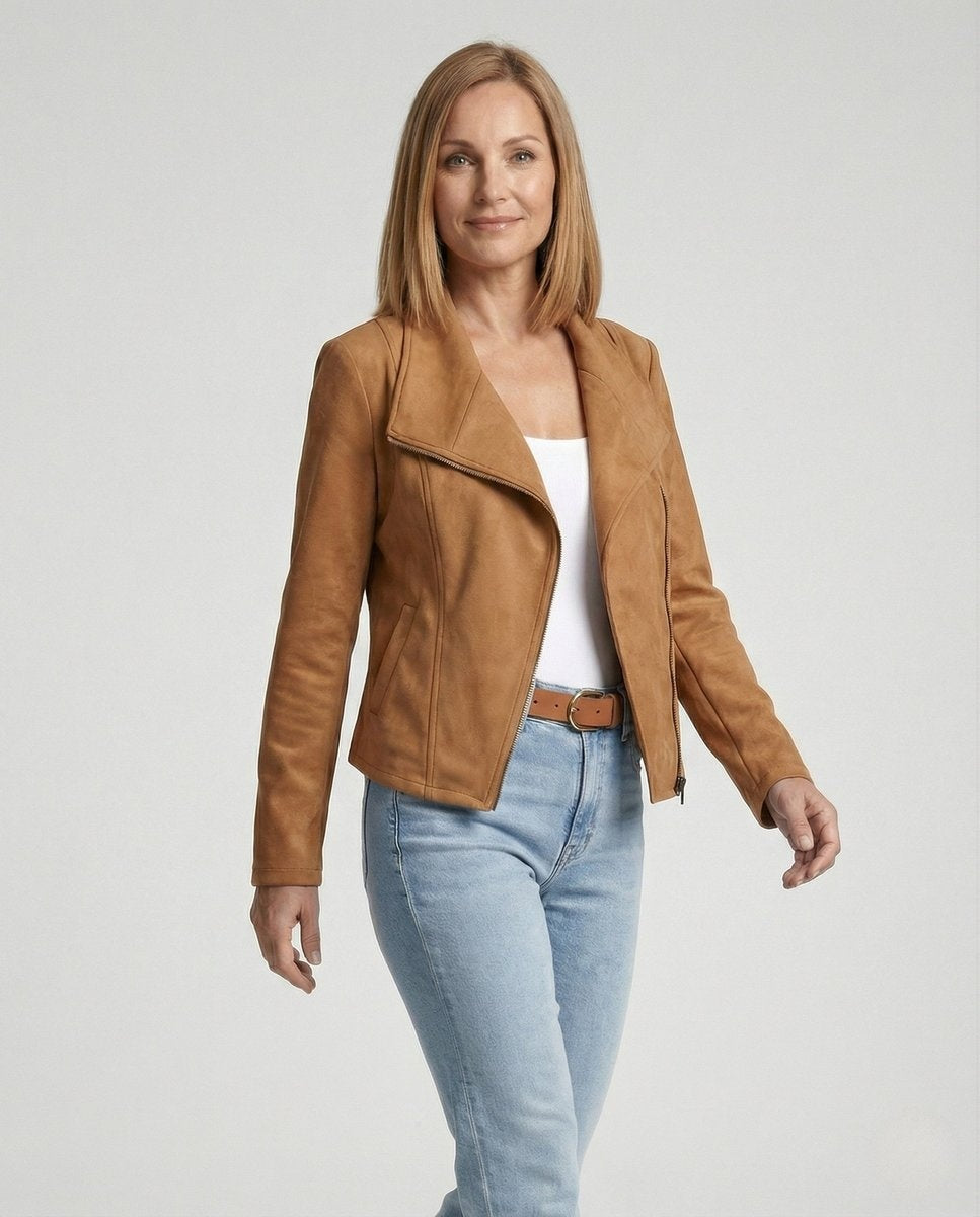 Chaqueta Motera de Ante para Mujer – Cierre Asimétrico