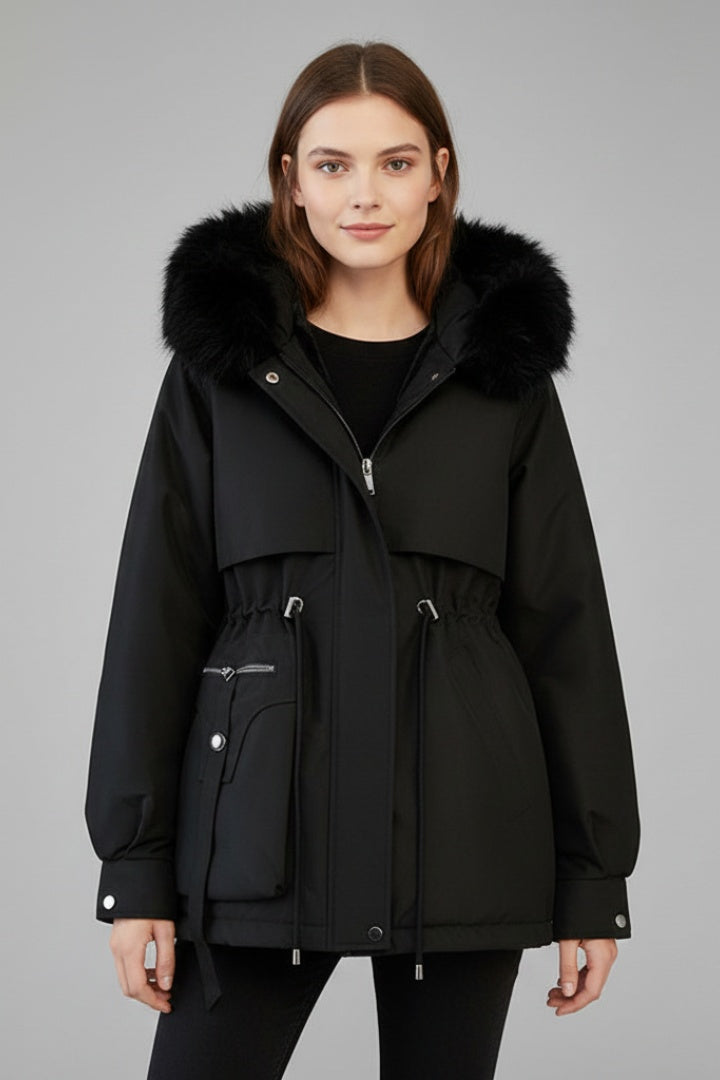 Parka Acolchada para Mujer – Capucha con Pelo y Cordón Ajustable