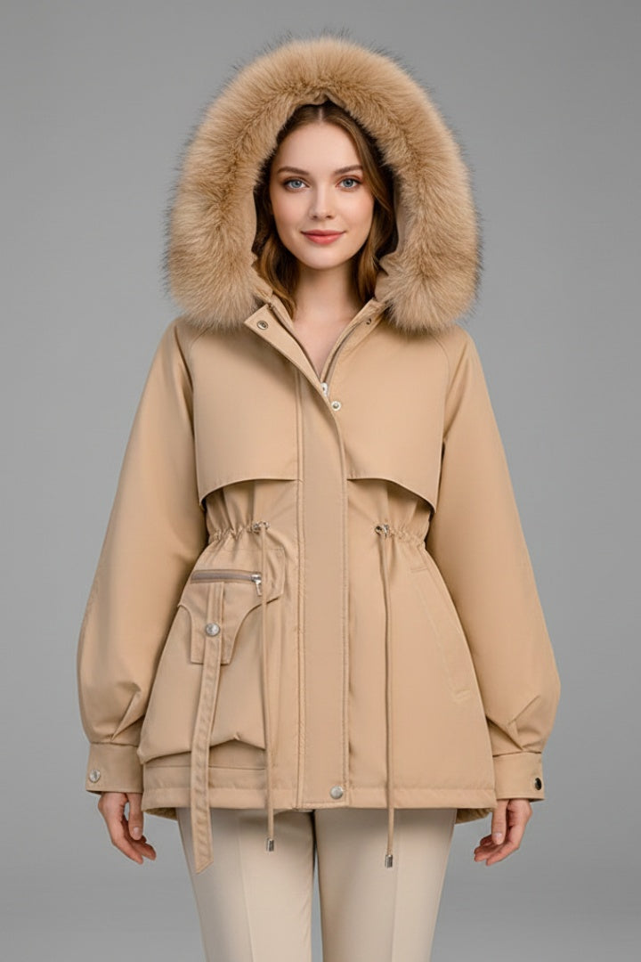 Parka Acolchada para Mujer – Capucha con Pelo y Cordón Ajustable