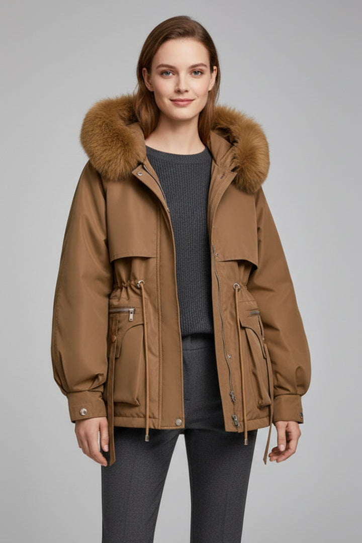 Parka Acolchada para Mujer – Capucha con Pelo y Cordón Ajustable
