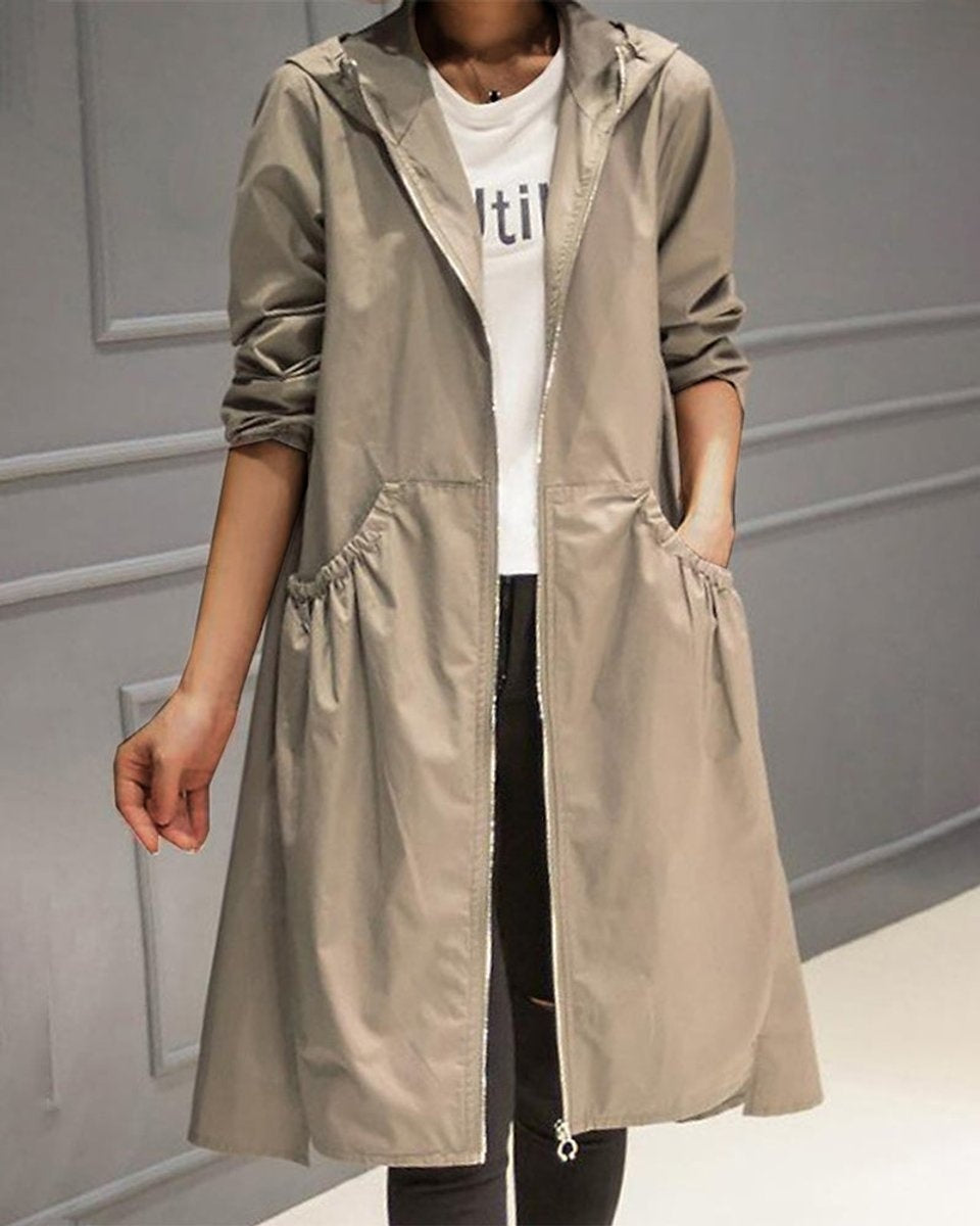 Parka Impermeable Larga con Cintura Fruncida para Mujer