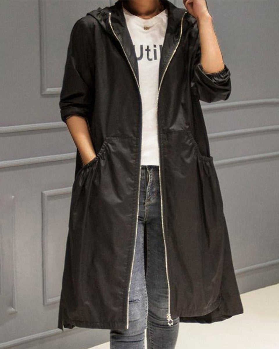 Parka Impermeable Larga con Cintura Fruncida para Mujer