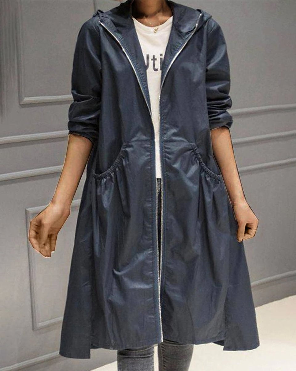 Parka Impermeable Larga con Cintura Fruncida para Mujer