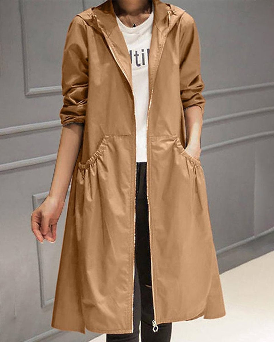 Parka Impermeable Larga con Cintura Fruncida para Mujer
