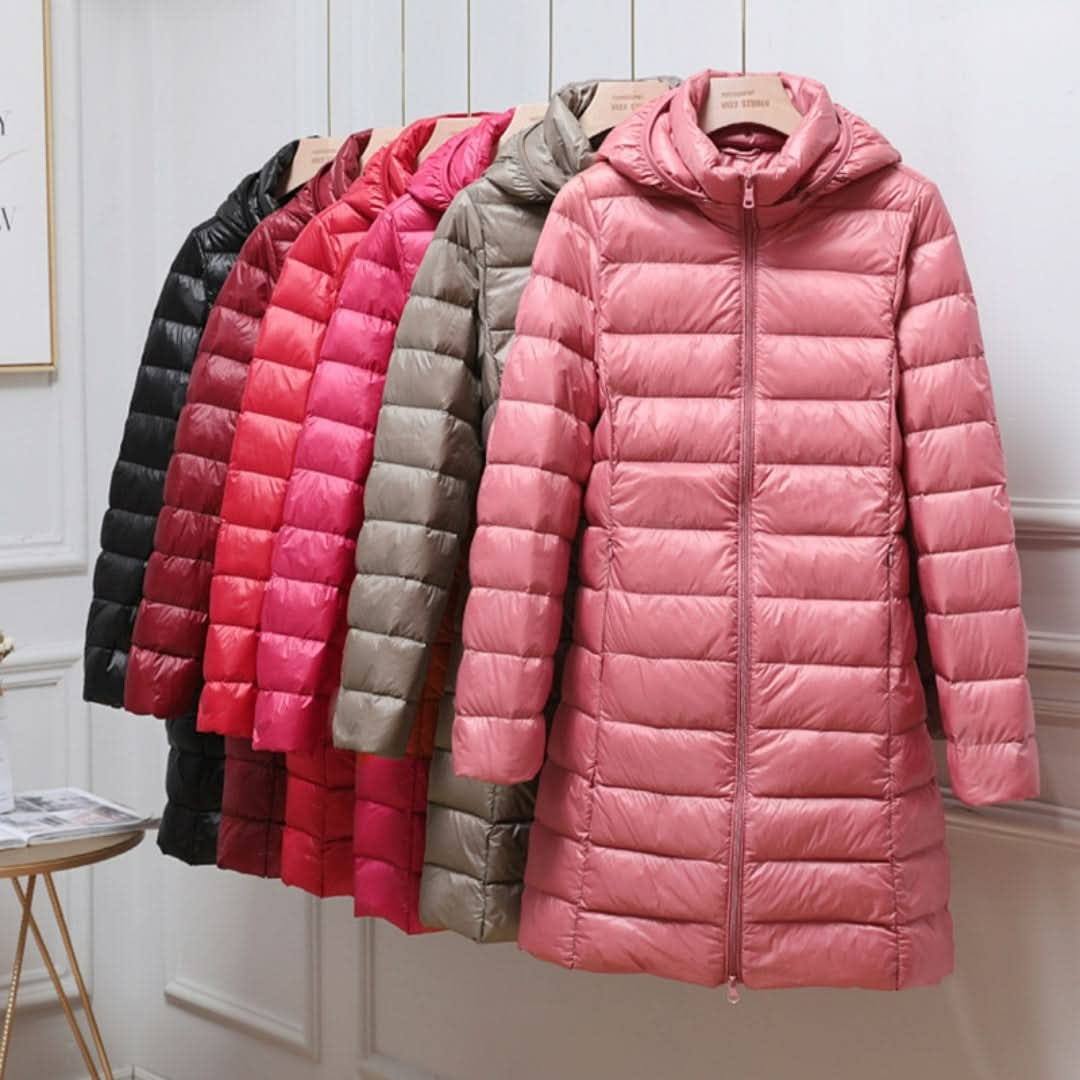 Chaqueta de Plumas Larga para Mujer – Capucha Acolchada