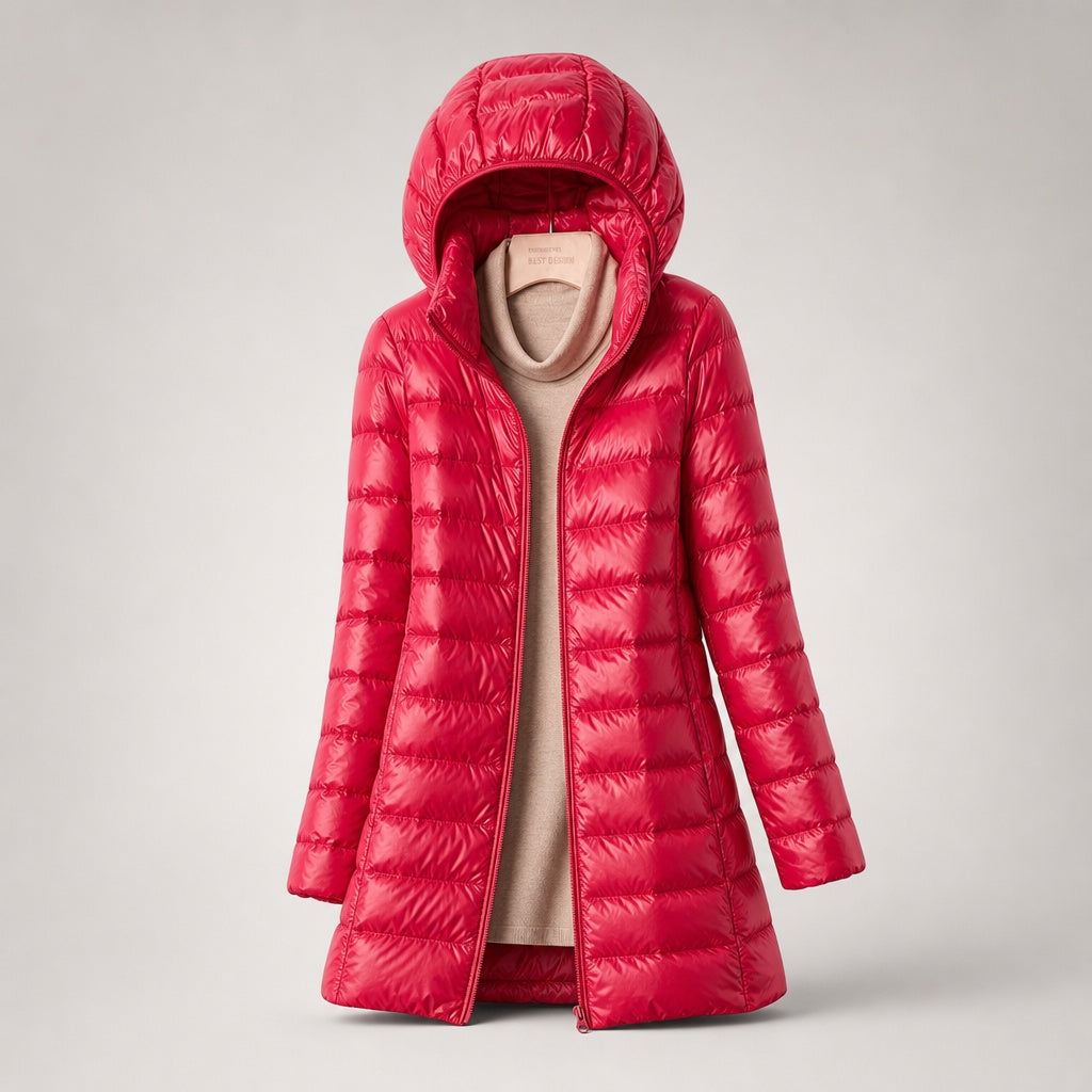 Chaqueta de Plumas Larga para Mujer – Capucha Acolchada