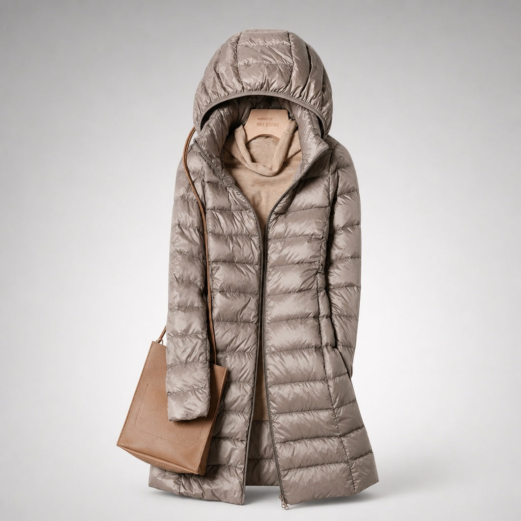 Chaqueta de Plumas Larga para Mujer – Capucha Acolchada