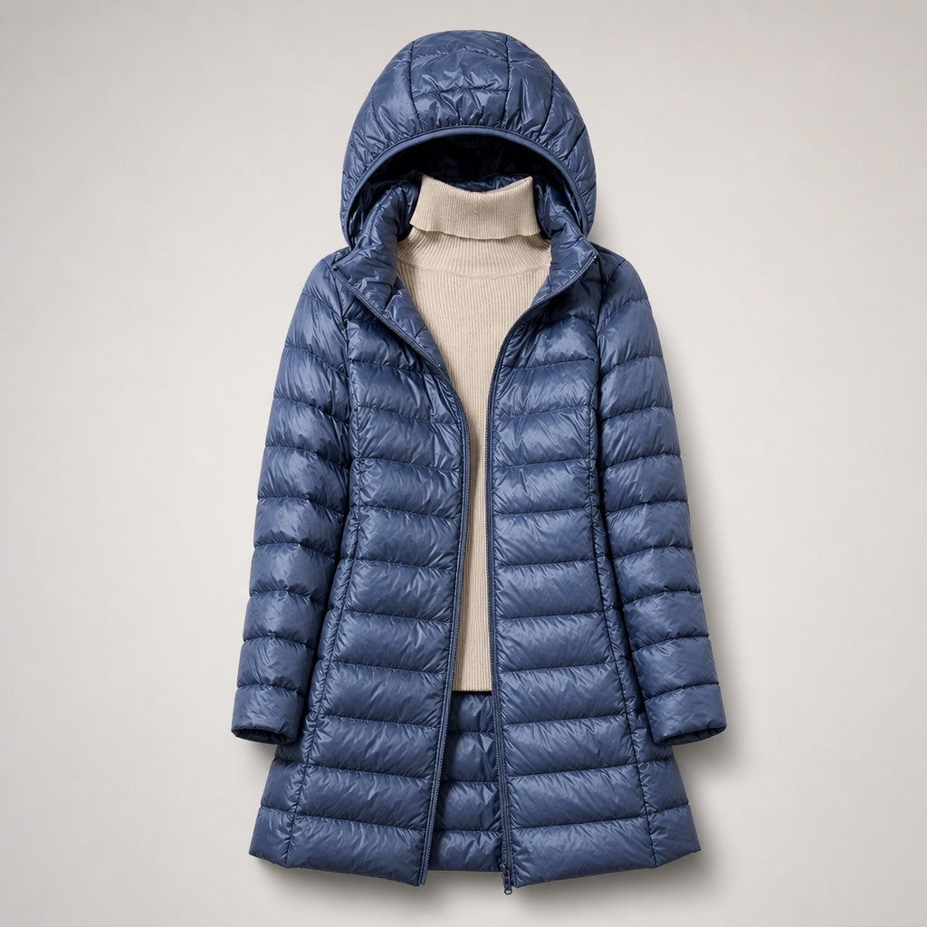 Chaqueta de Plumas Larga para Mujer – Capucha Acolchada