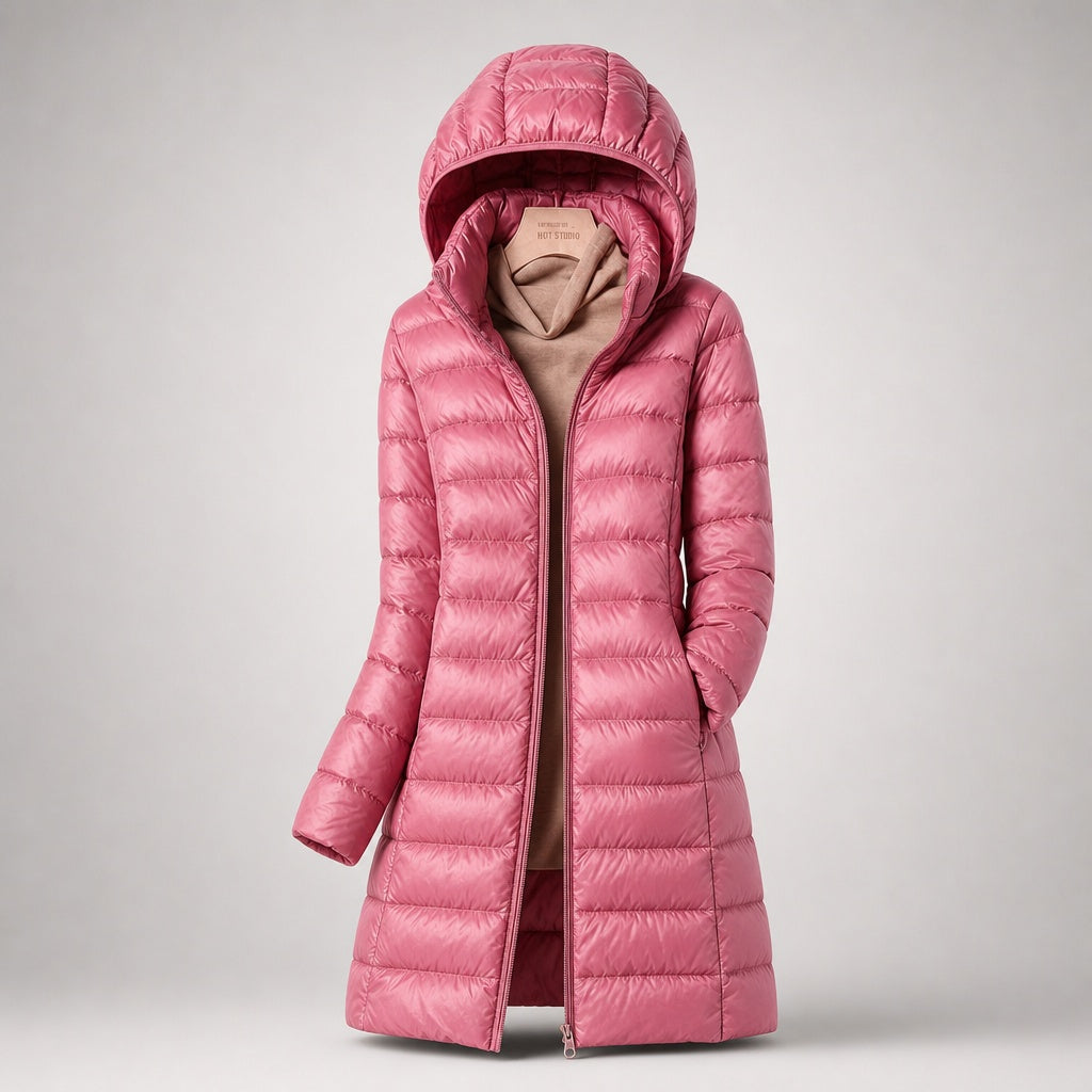 Chaqueta de Plumas Larga para Mujer – Capucha Acolchada