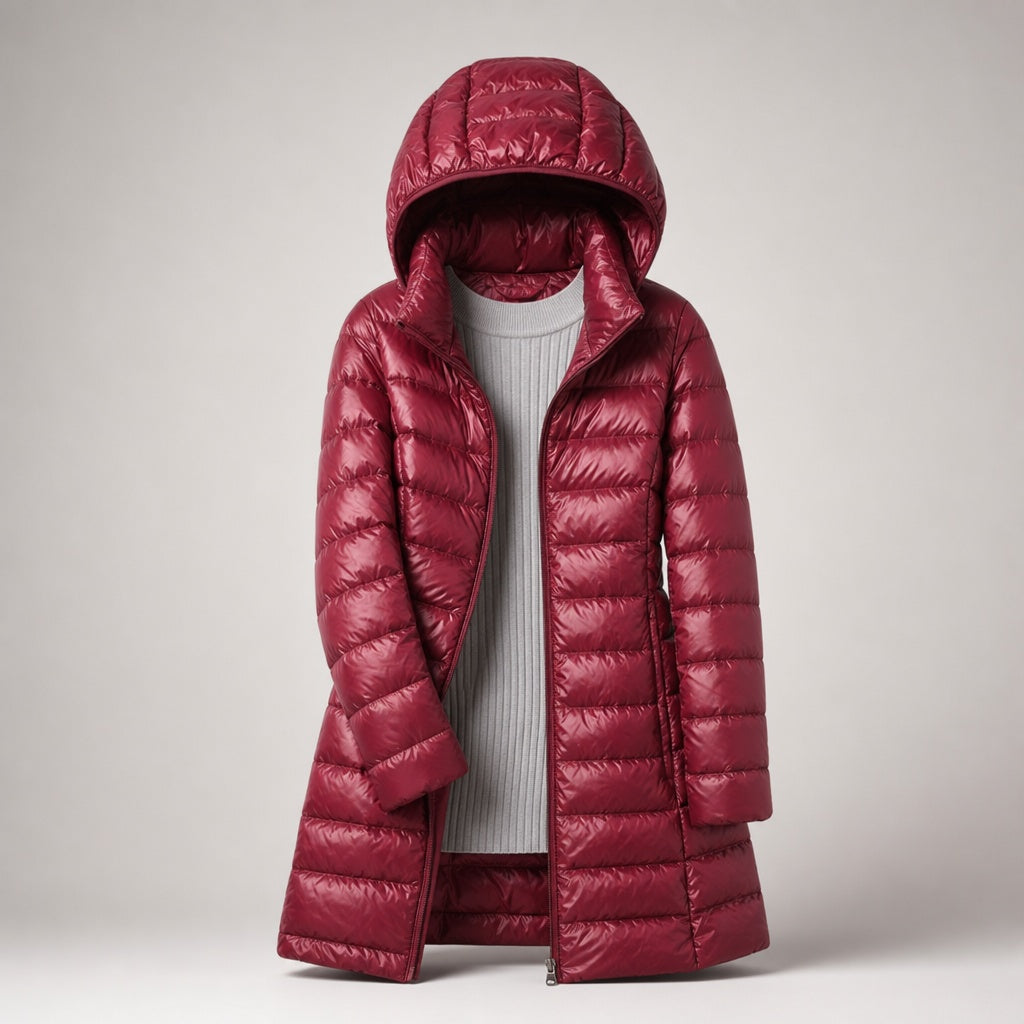 Chaqueta de Plumas Larga para Mujer – Capucha Acolchada