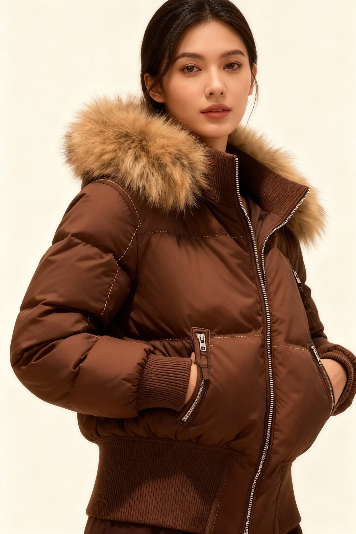 Chaqueta de Plumas Corta para Mujer – Capucha con Piel Sintética