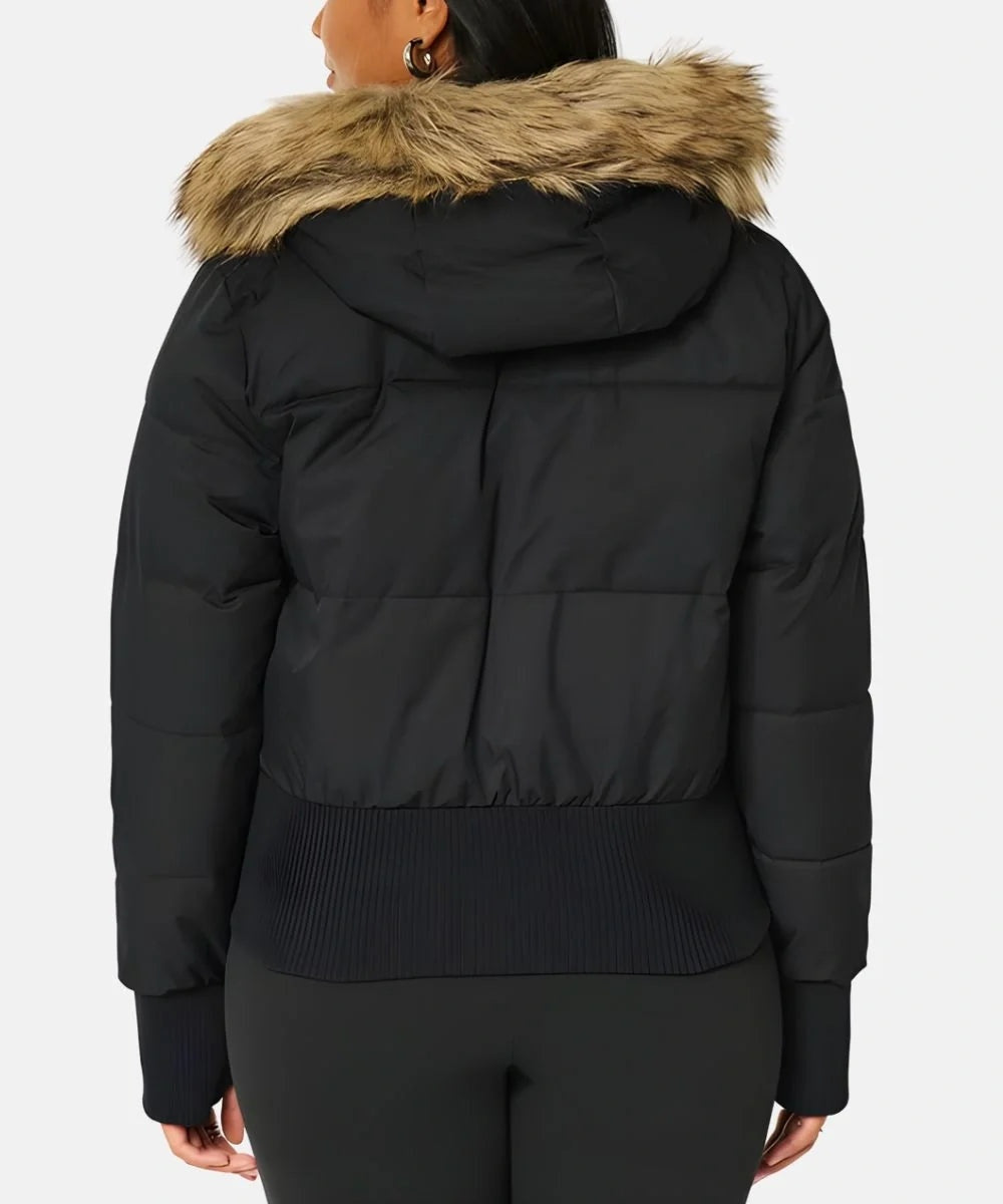 Chaqueta de Plumas Corta para Mujer – Capucha con Piel Sintética
