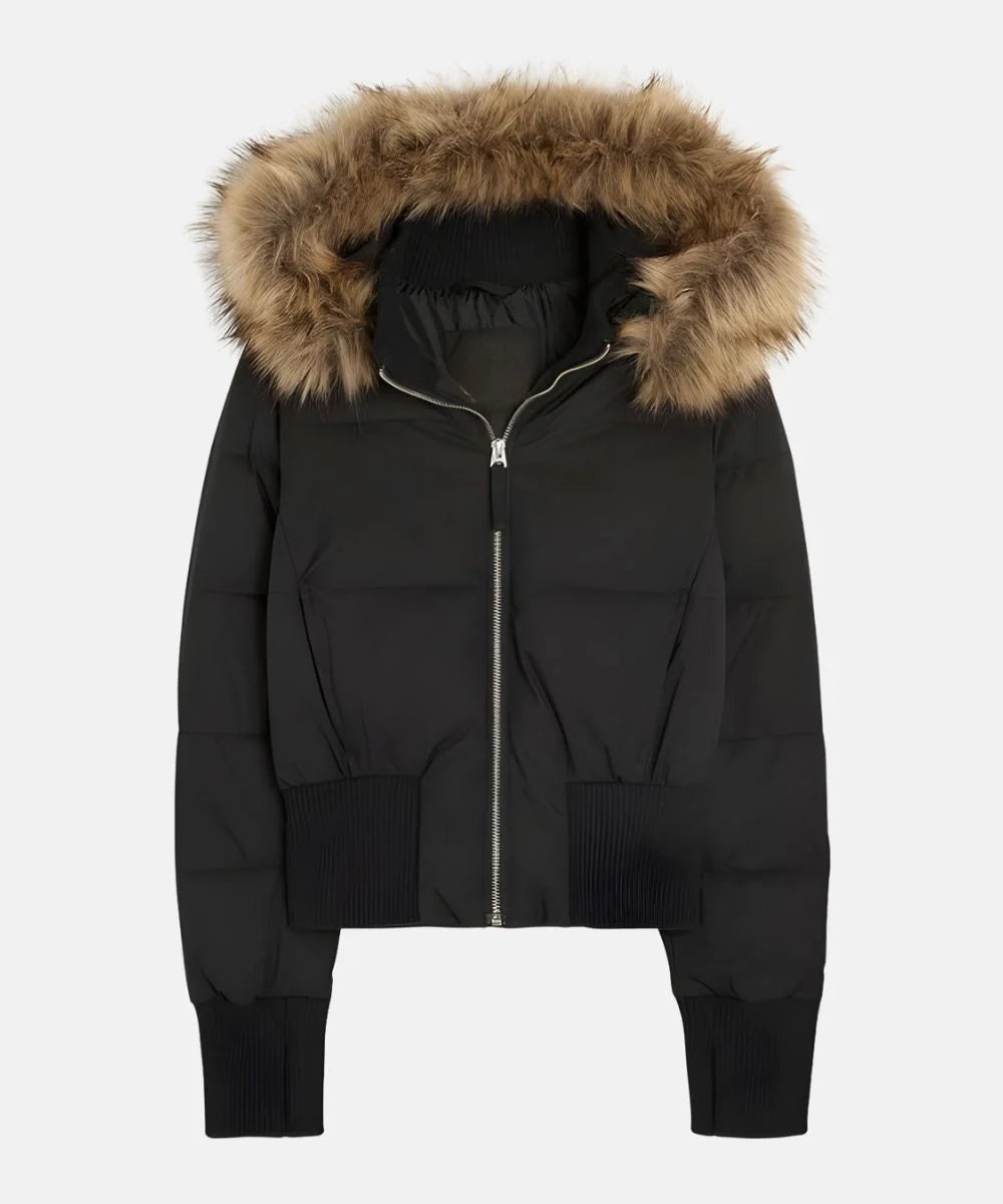 Chaqueta de Plumas Corta para Mujer – Capucha con Piel Sintética