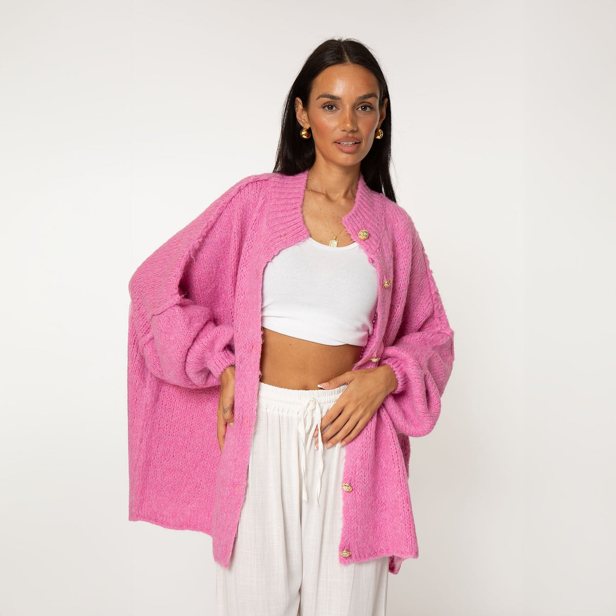 Cárdigan Oversize de Punto Grueso para Mujer – Botones Dorados