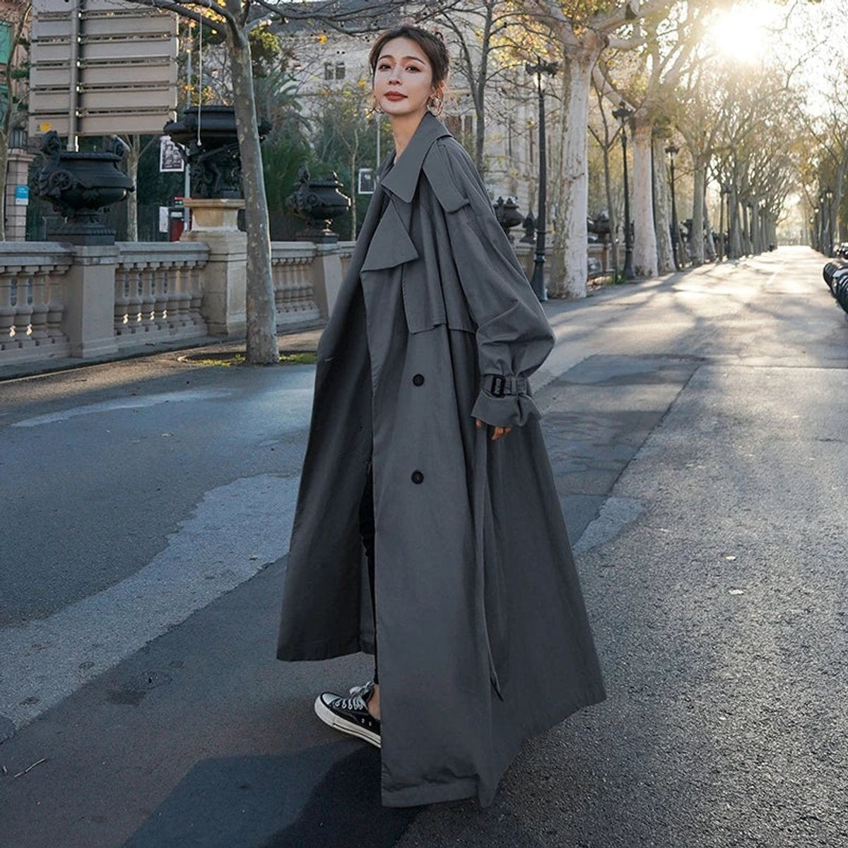 Gabardina Larga Oversize para Mujer – Cinturón y Doble Botonadura