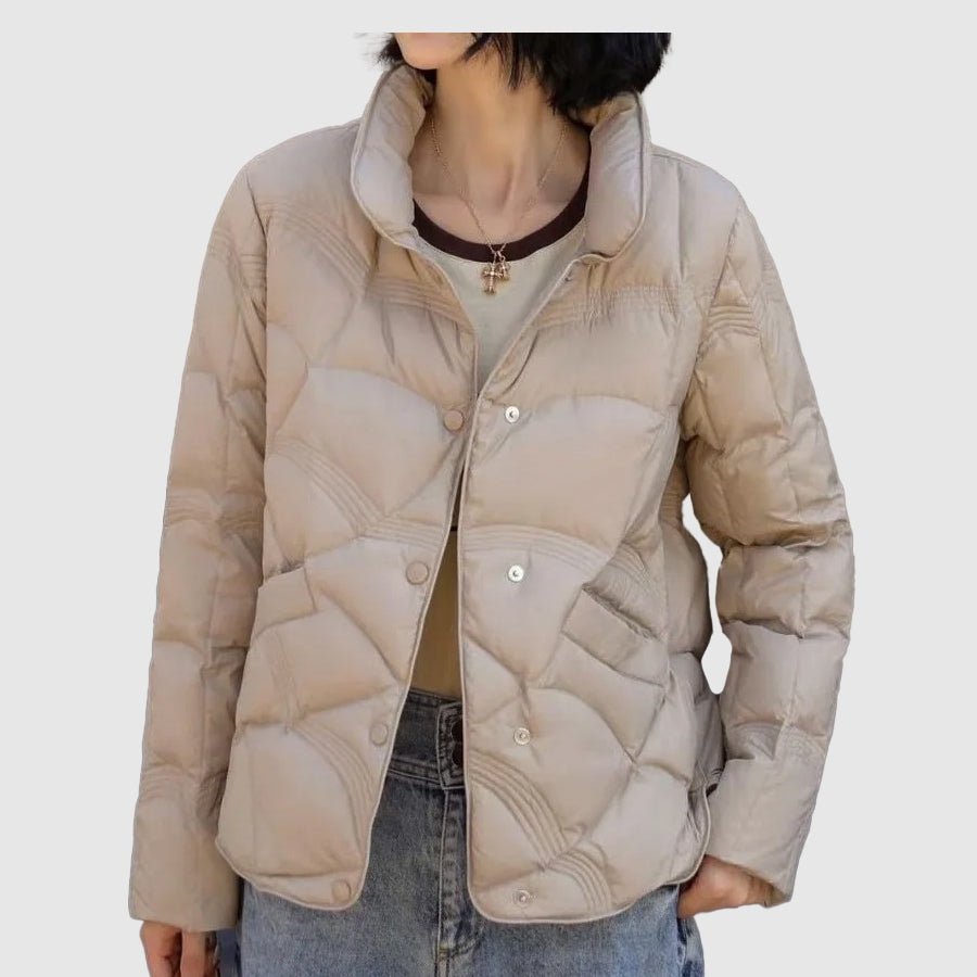Chaqueta de Plumas Corta para Mujer – Cuello Alto con Botones