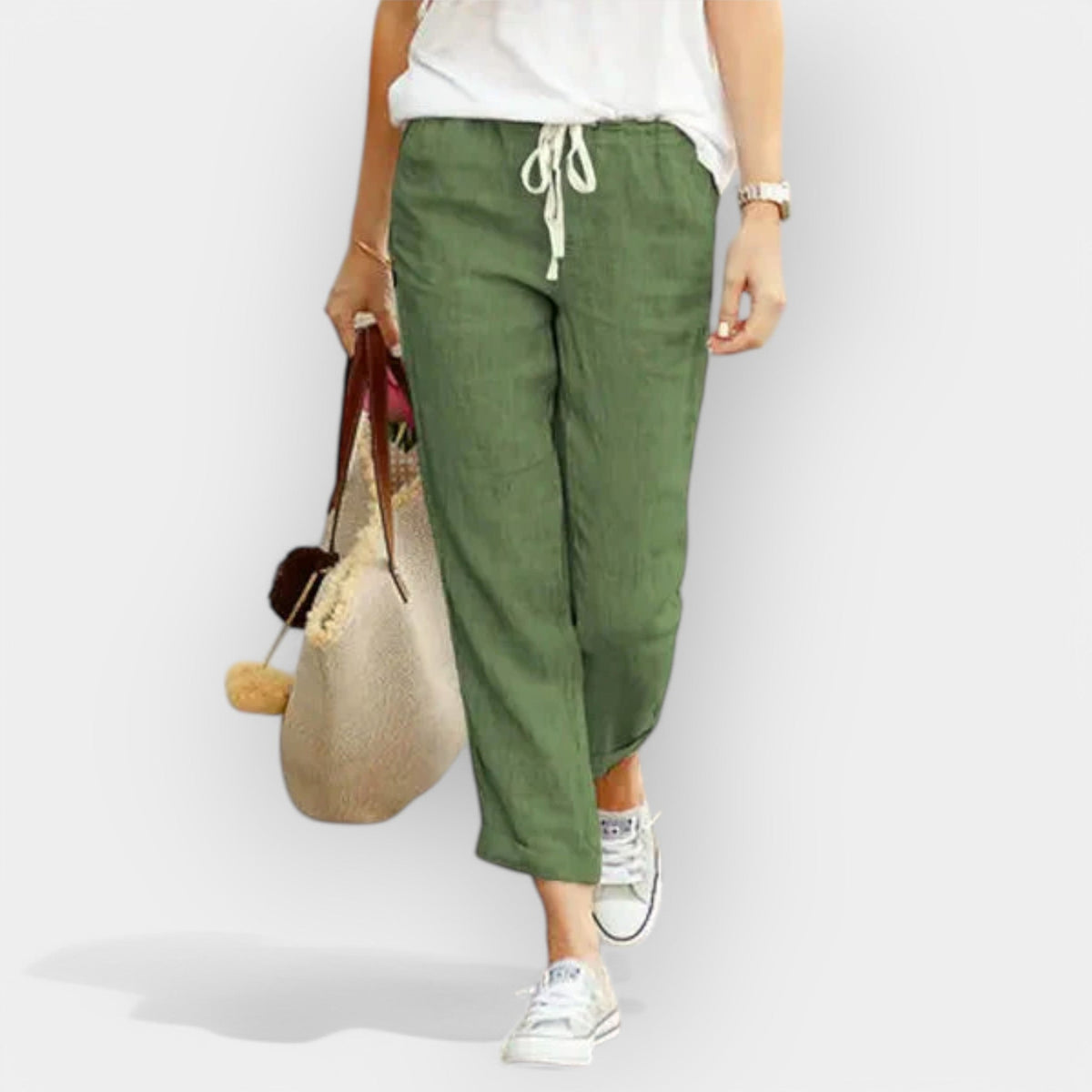 Pantalón de Algodón de Pierna Ancha para Mujer – Cintura Ajustable