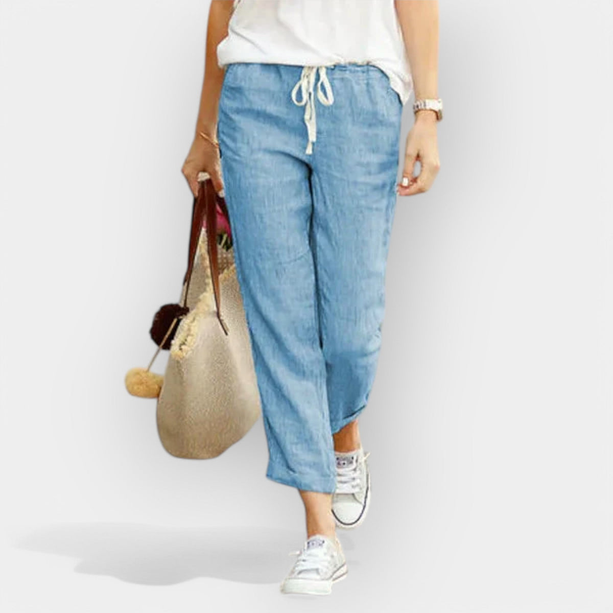 Pantalón de Algodón de Pierna Ancha para Mujer – Cintura Ajustable