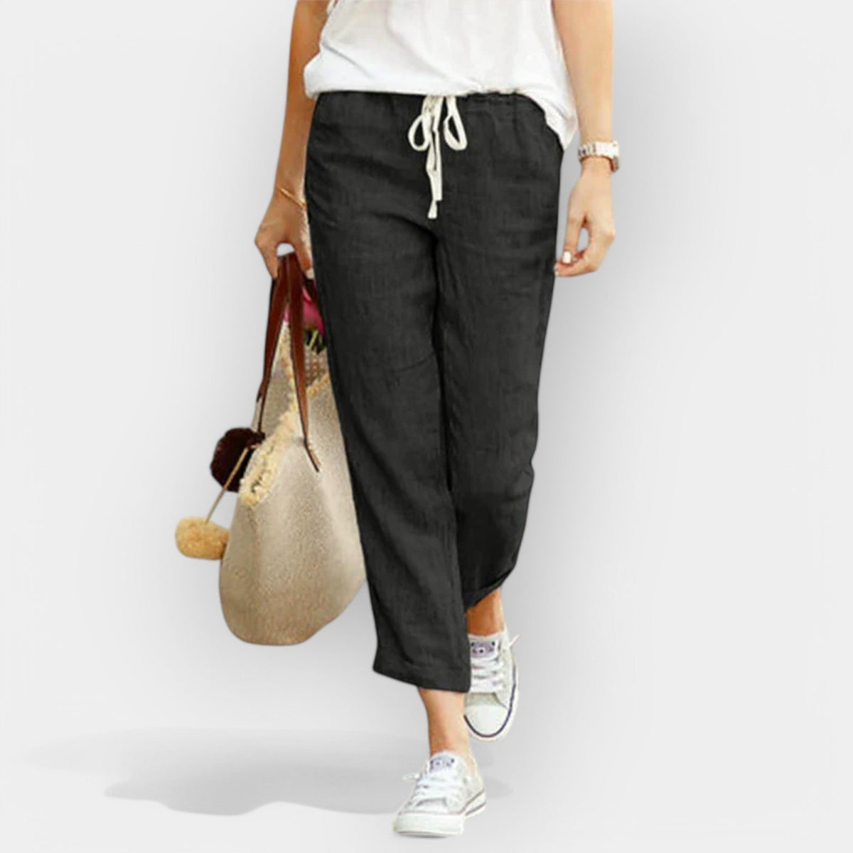 Pantalón de Algodón de Pierna Ancha para Mujer – Cintura Ajustable